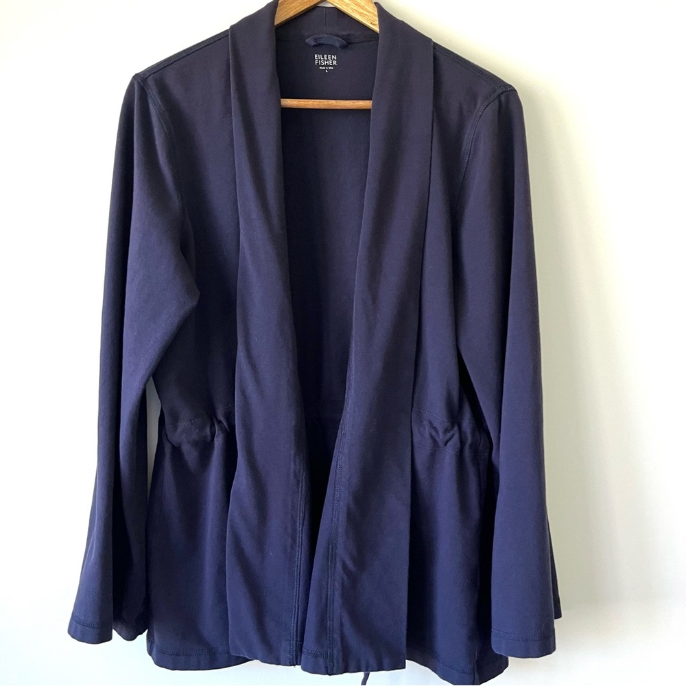 Eileen Fisher Navy Cotton Cinch Waist Cardigan Jacket / Blazer